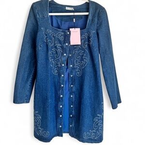 Avec Les Filles Denim Embroidered Mini Dress Western Button Front Size 8 NWT